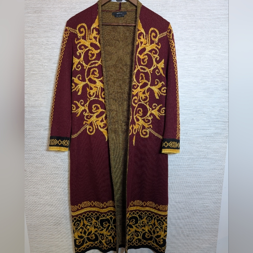 Vertigo Paris Baroque Burgundy Gold Black Long Duster Sweater Cardigan Wool Blnd